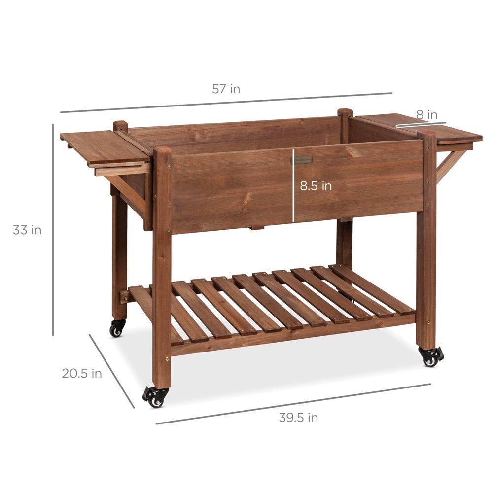 57X20X33In Mobile Raised Garden Bed Elevated Wood Planter Box W/ Folding Side Tables - Brown