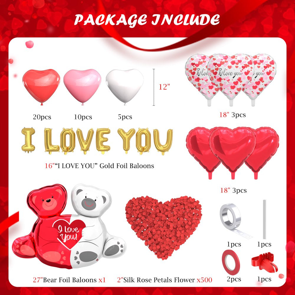 Valentines Day Balloons Kit - Heart Balloons Foil I Love You Balloons 500Pcs Rose Petals for Valentines Day Decorations