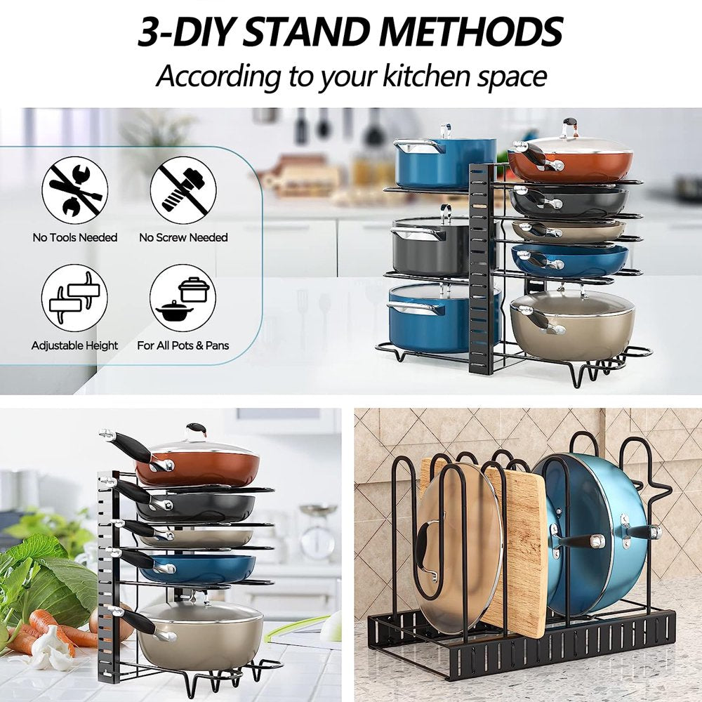 Pots and Pans Organizer Rack, 3 DIY Methods Adjustable 8-Tier Pot and Pan Rack, Metal Heavy Duty Pot Lid Organizer with Anti-Slip Silicone Pad for Cabinet Kitchen Organization Storage