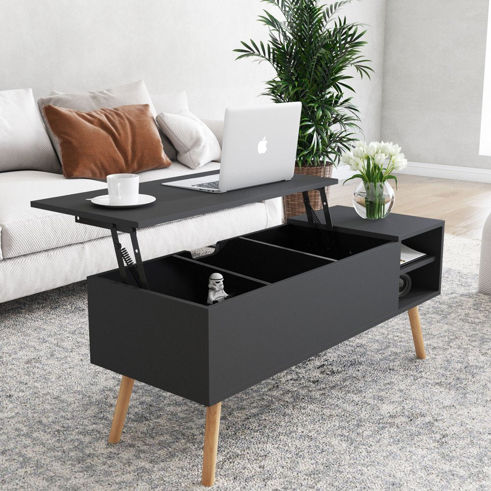 Modern Coffee Table with Lifting Tabletop and Hidden Storage Compartments, Stylish Coffee Table with Solid Wood Legs for Living Room - Antique Black