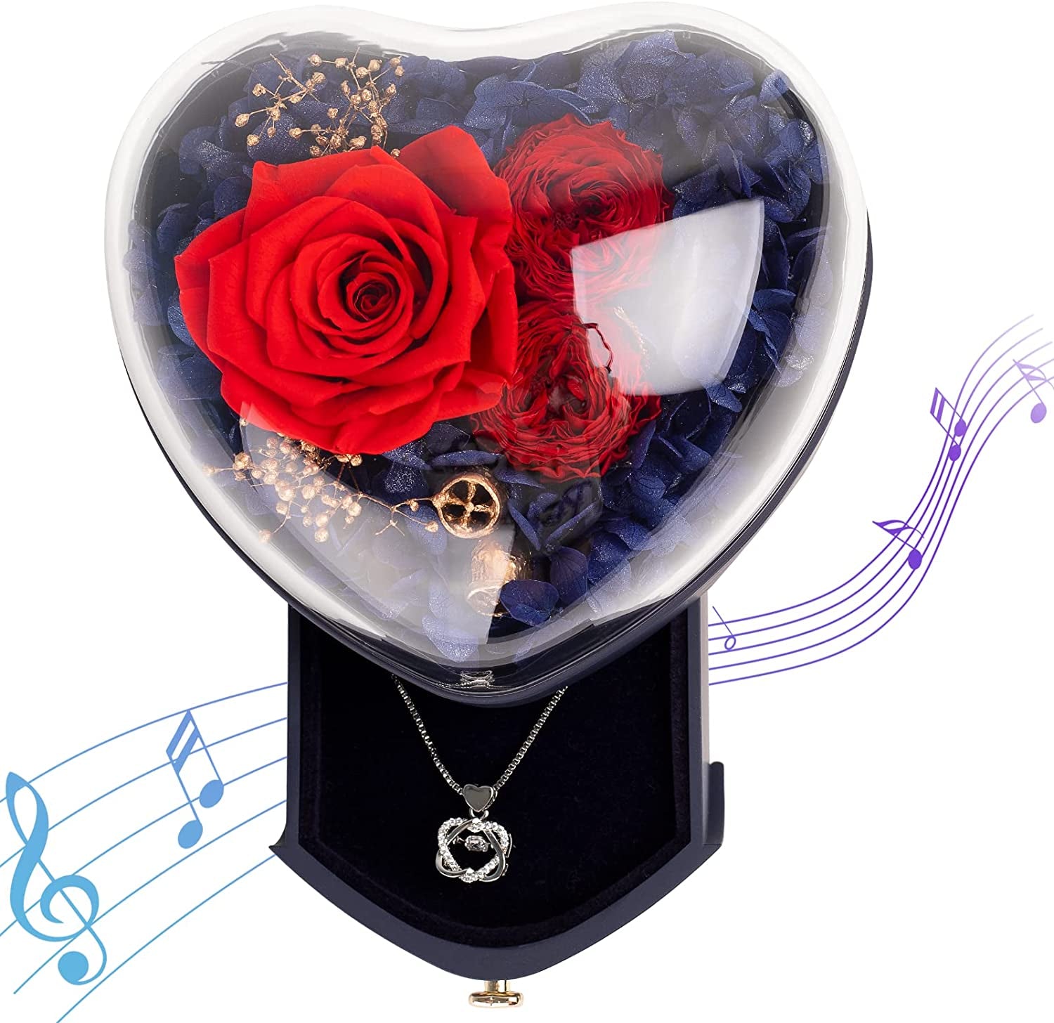 Preserved Rose and Necklace in Music Box, Rose Box with Jewelry. Christmas Gifts for Women, Unique Christmas Gifts Ideas for Wife Mom Grandma Daughter Sister Family Friends
