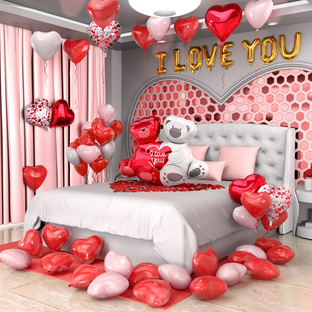 Valentines Day Balloons Kit - Heart Balloons Foil I Love You Balloons 500Pcs Rose Petals for Valentines Day Decorations